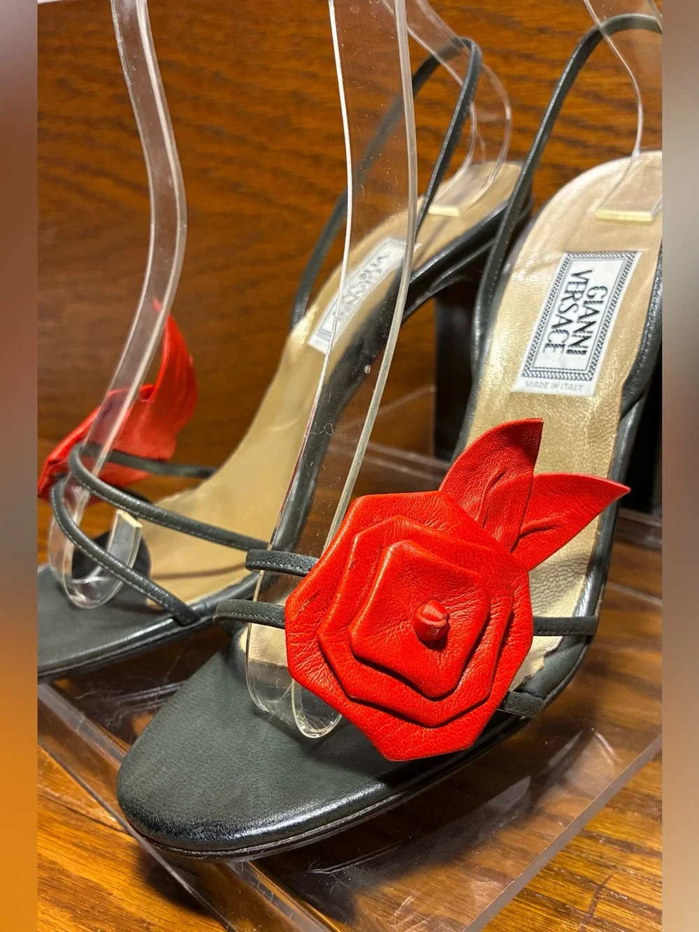 Y2K VTG Gianni Versace Floral Slingback Block Heel Sandals Gray Red EU37 US 7